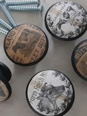 Farm COW milk Cream Set Of 5 Handmade Wood Kitchen Cabinet Dresser Knobs Cottage